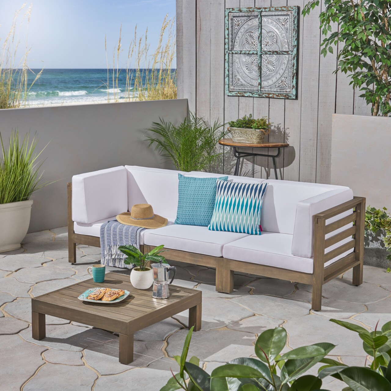 GDFStudio Great Deal Furniture Dawson Outdoor Sectional Sofa Set with Coffee Table - 4-Piece 3-Seater - Acacia Wood - Outdoor